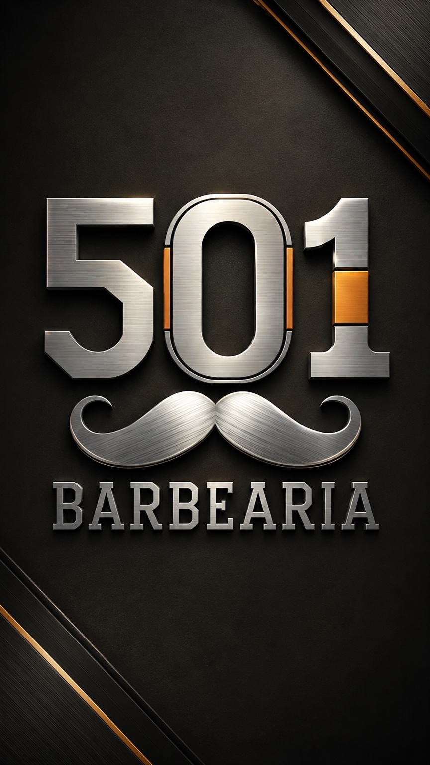 Identidade da 501 Barbearia com números metálicos, bigode e detalhes em laranja